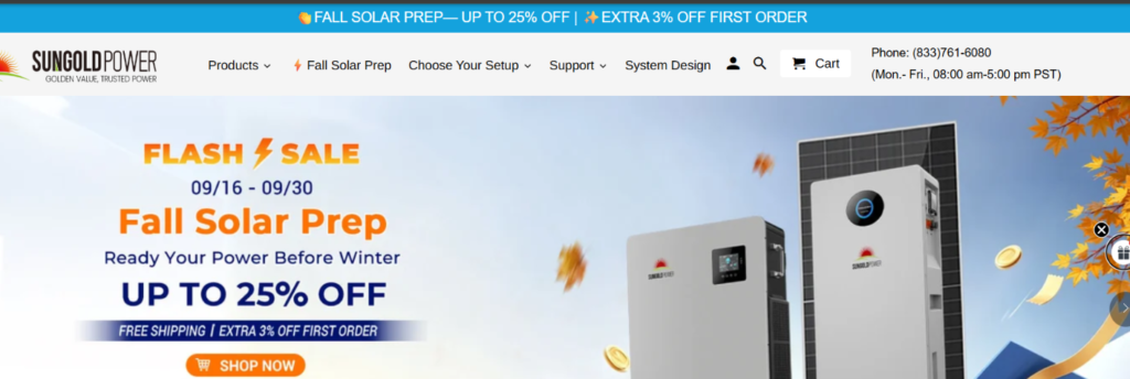 SunGoldPower solar panels, inverters, and batteries with a fall solar prep sale offering up to 50% using a SolarGoldPower discount code